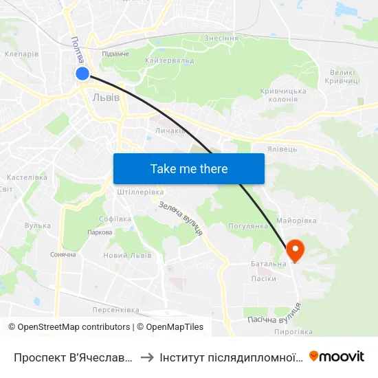 Проспект В’Ячеслава Чорновола to Інститут післядипломної освіти КНУБА map
