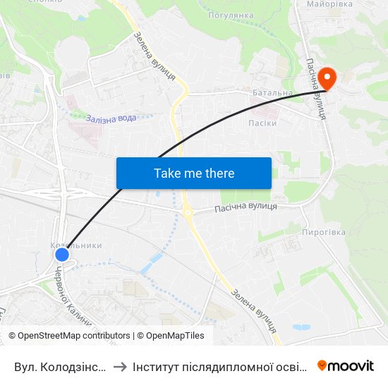 Вул. Колодзінського to Інститут післядипломної освіти КНУБА map