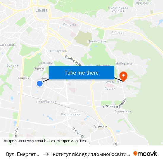 Вул. Енергетична to Інститут післядипломної освіти КНУБА map