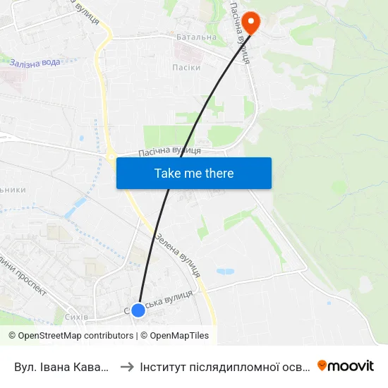 Вул. Івана Кавалерідзе to Інститут післядипломної освіти КНУБА map