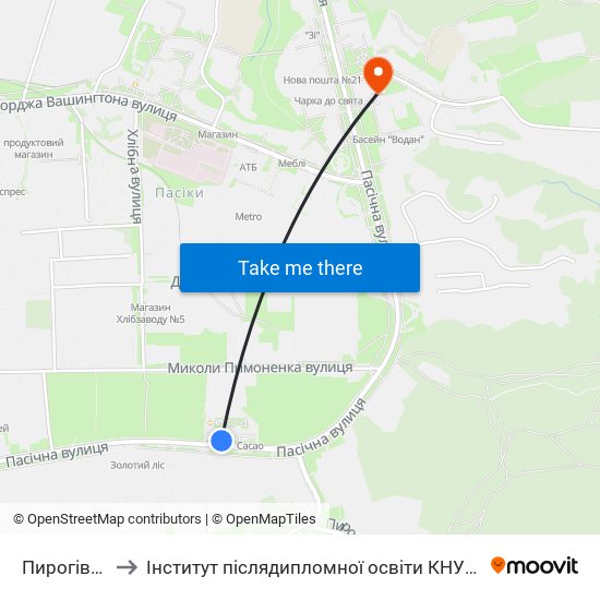 Пирогівка to Інститут післядипломної освіти КНУБА map