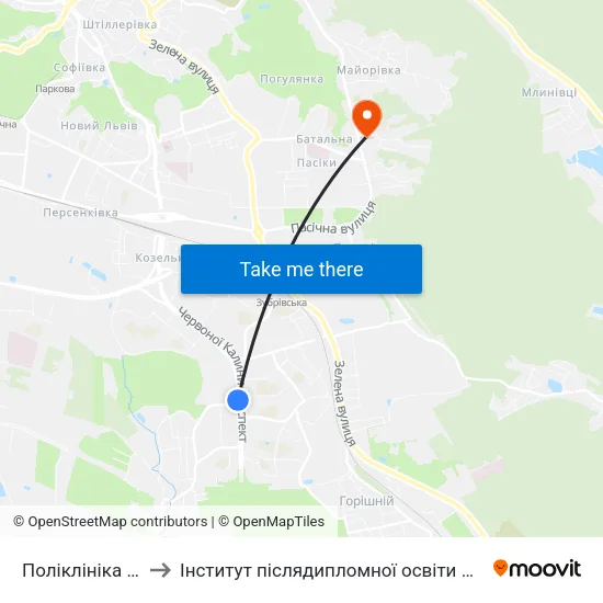 Поліклініка №4 to Інститут післядипломної освіти КНУБА map