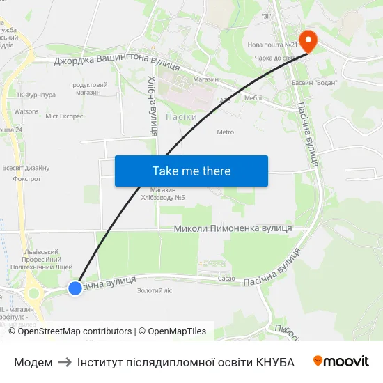 Модем to Інститут післядипломної освіти КНУБА map
