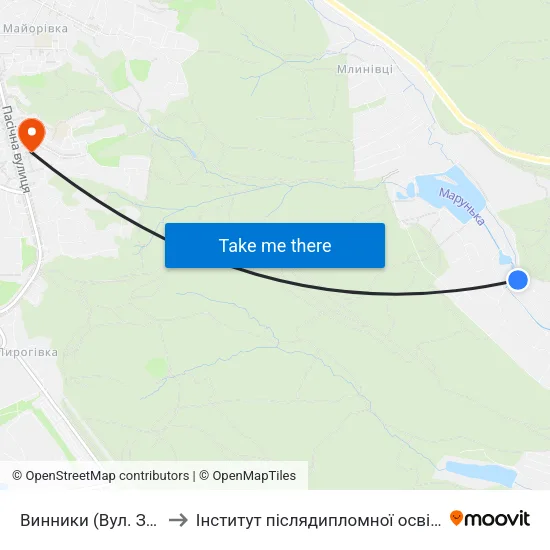Винники (Вул. Забава) to Інститут післядипломної освіти КНУБА map