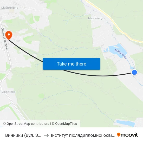 Винники (Вул. Забава) to Інститут післядипломної освіти КНУБА map