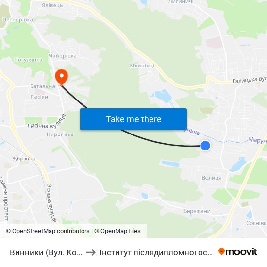 Винники (Вул. Козацька) to Інститут післядипломної освіти КНУБА map