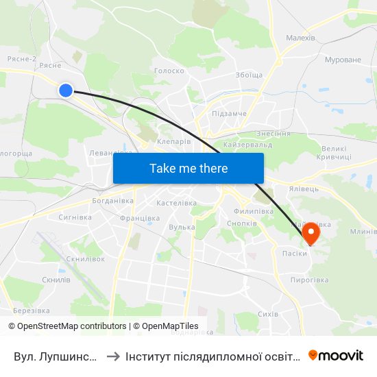 Вул. Лупшинського to Інститут післядипломної освіти КНУБА map