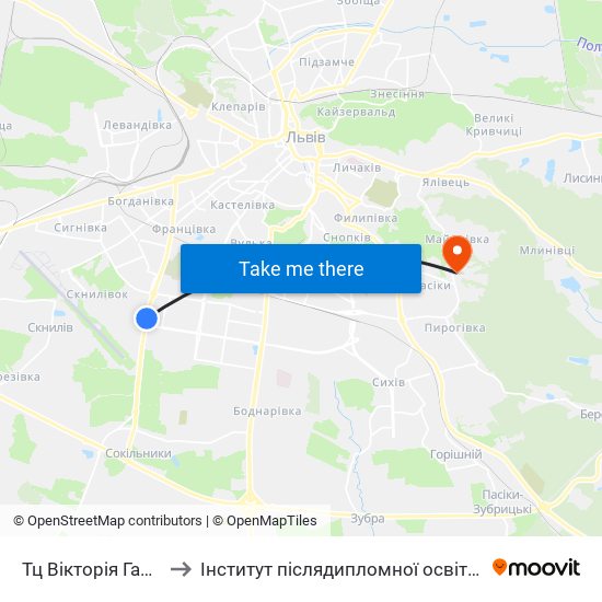 Тц Вікторія Гарденс to Інститут післядипломної освіти КНУБА map