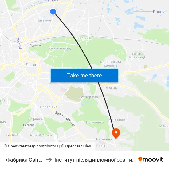 Фабрика Світанок to Інститут післядипломної освіти КНУБА map