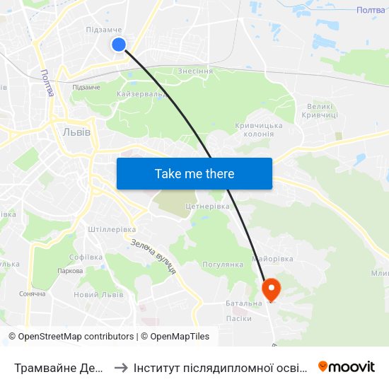 Трамвайне Депо №2 to Інститут післядипломної освіти КНУБА map