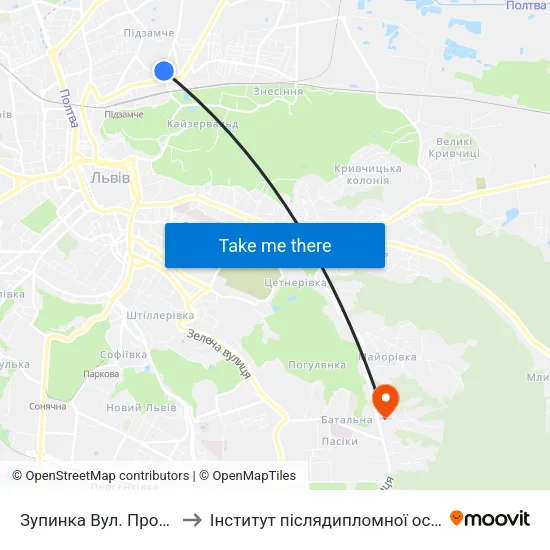 Зупинка Вул. Промислова to Інститут післядипломної освіти КНУБА map