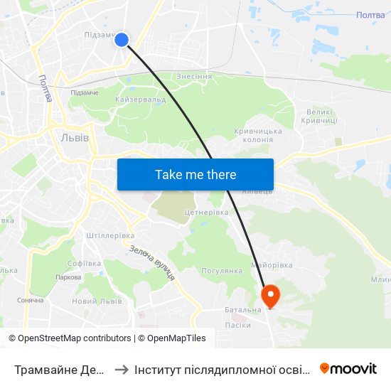 Трамвайне Депо №2 to Інститут післядипломної освіти КНУБА map