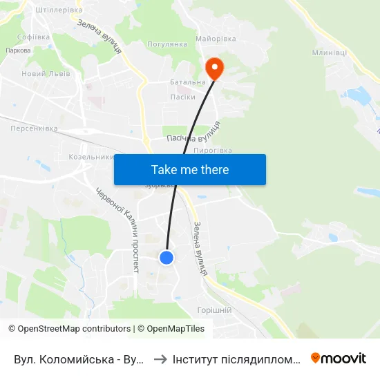 Вул. Коломийська - Вул. Трильовського to Інститут післядипломної освіти КНУБА map