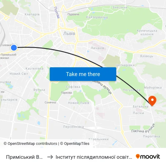 Приміський Вокзал to Інститут післядипломної освіти КНУБА map