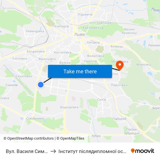 Вул. Василя Симоненка to Інститут післядипломної освіти КНУБА map