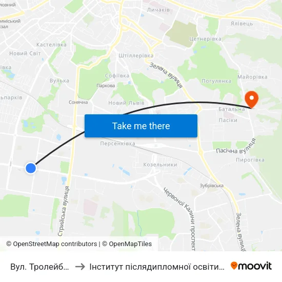 Вул. Тролейбусна to Інститут післядипломної освіти КНУБА map