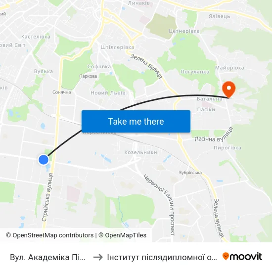 Вул. Академіка Підстригача to Інститут післядипломної освіти КНУБА map