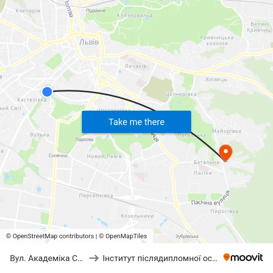 Вул. Академіка Сахарова to Інститут післядипломної освіти КНУБА map