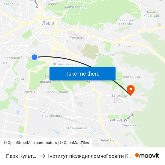 Парк Культури to Інститут післядипломної освіти КНУБА map