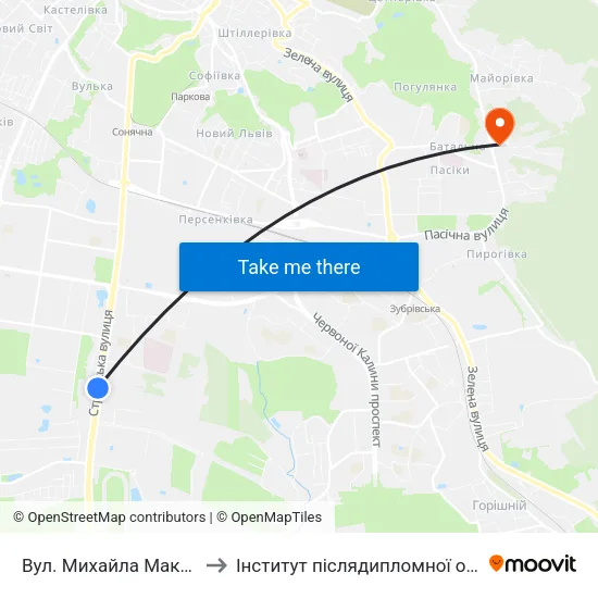 Вул. Михайла Максимовича to Інститут післядипломної освіти КНУБА map