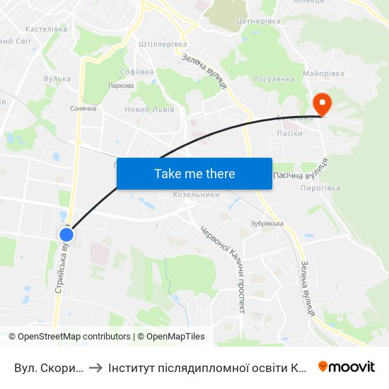 Вул. Скорини to Інститут післядипломної освіти КНУБА map