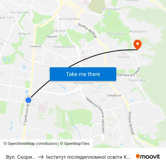Вул. Скорини to Інститут післядипломної освіти КНУБА map