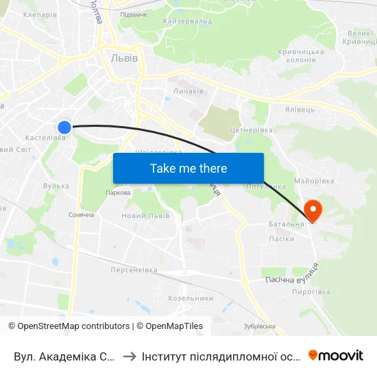 Вул. Академіка Сахарова to Інститут післядипломної освіти КНУБА map