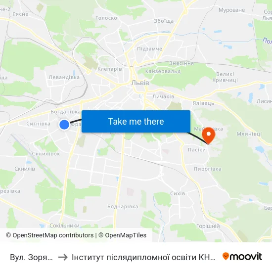 Вул. Зоряна to Інститут післядипломної освіти КНУБА map