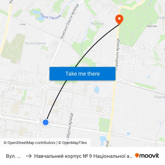 Вул. Княгині Ольги to Навчальний корпус № 9 Національної академії сухопутних військ України імені гетьмана Петра Сагайдач map