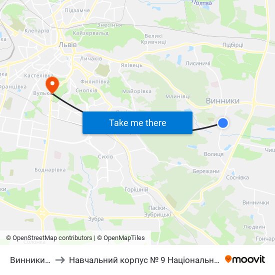 Винники (Вул. Івана Франка) to Навчальний корпус № 9 Національної академії сухопутних військ України імені гетьмана Петра Сагайдач map