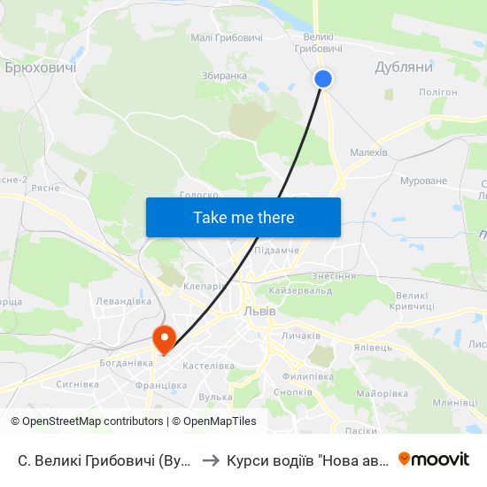 С. Великі Грибовичі (Вул. Садова) to Курси водіїв "Нова автошкола" map