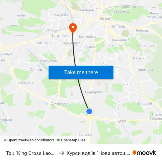 Трц "King Cross Leopolis" to Курси водіїв "Нова автошкола" map