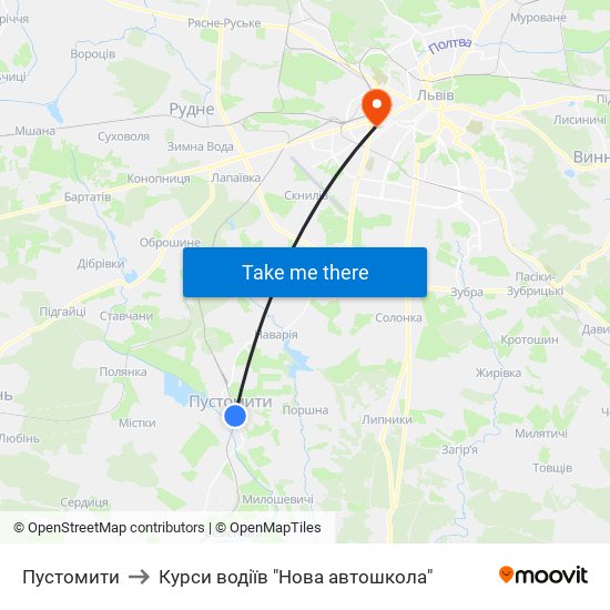 Пустомити to Курси водіїв "Нова автошкола" map