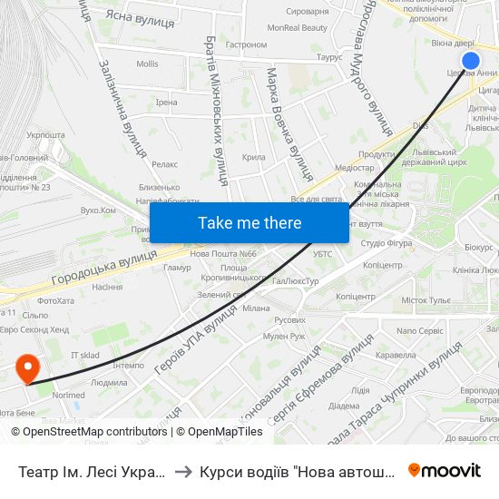 Театр Ім. Лесі Українки to Курси водіїв "Нова автошкола" map