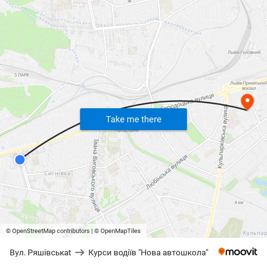 Вул. Ряшівськаt to Курси водіїв "Нова автошкола" map