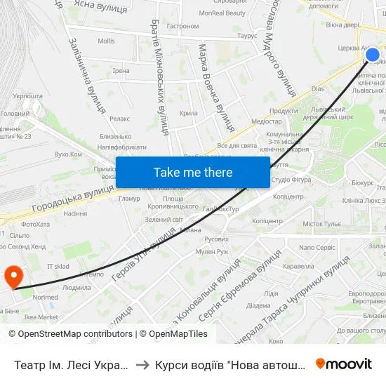Театр Ім. Лесі Українки to Курси водіїв "Нова автошкола" map