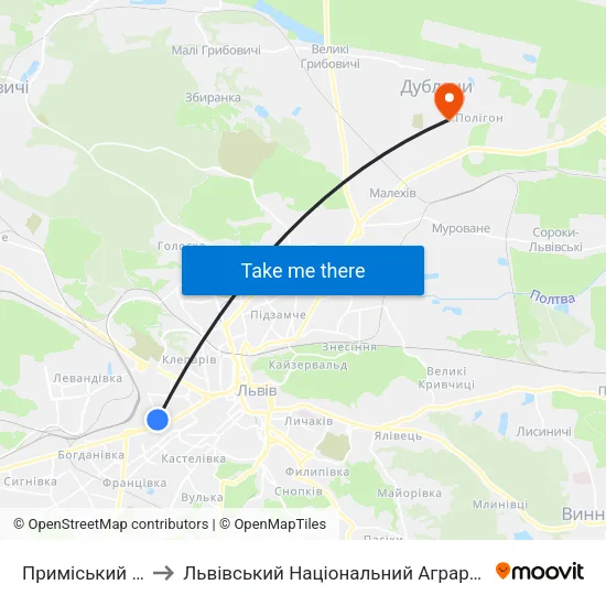 Приміський Вокзал to Львівський Національний Аграрний Університет map