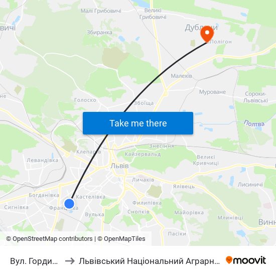 Вул. Гординських to Львівський Національний Аграрний Університет map