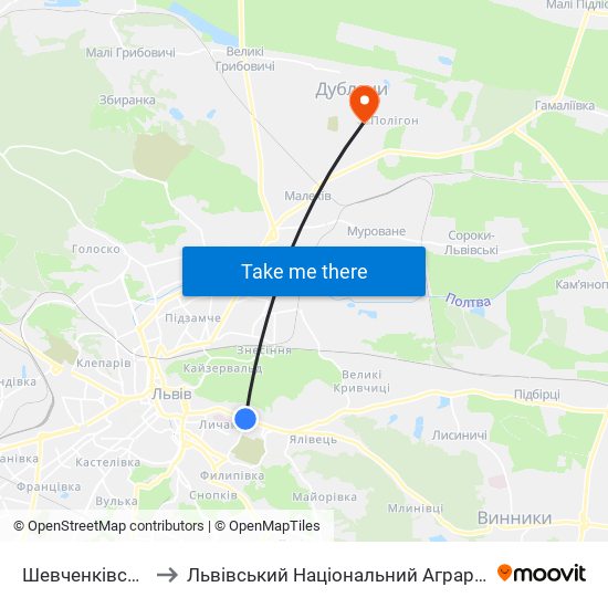 Шевченківський Гай to Львівський Національний Аграрний Університет map