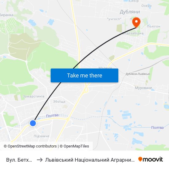 Вул. Бетховена to Львівський Національний Аграрний Університет map