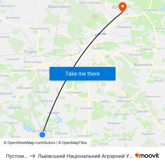 Пустомити to Львівський Національний Аграрний Університет map