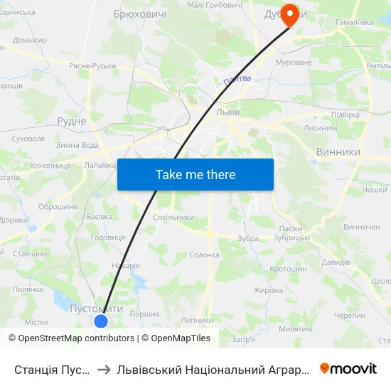 Станція Пустомити to Львівський Національний Аграрний Університет map