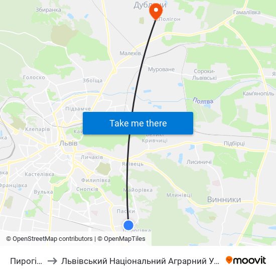 Пирогівка to Львівський Національний Аграрний Університет map