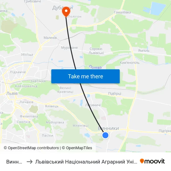 Винники to Львівський Національний Аграрний Університет map