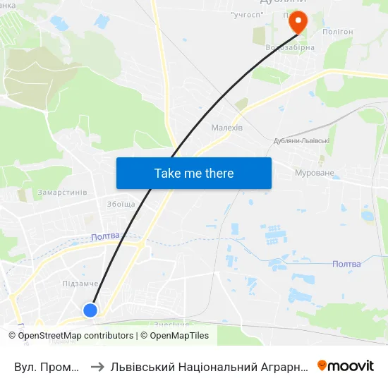Вул. Промислова to Львівський Національний Аграрний Університет map