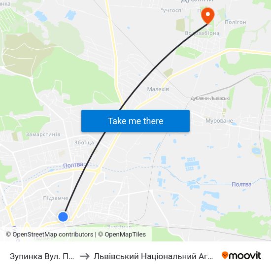 Зупинка Вул. Промислова to Львівський Національний Аграрний Університет map
