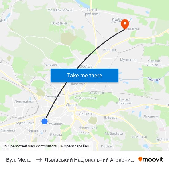 Вул. Мельника to Львівський Національний Аграрний Університет map