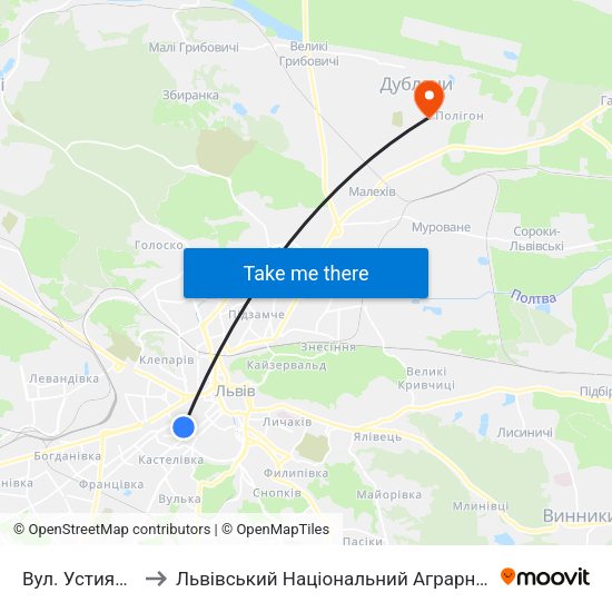 Вул. Устияновича to Львівський Національний Аграрний Університет map