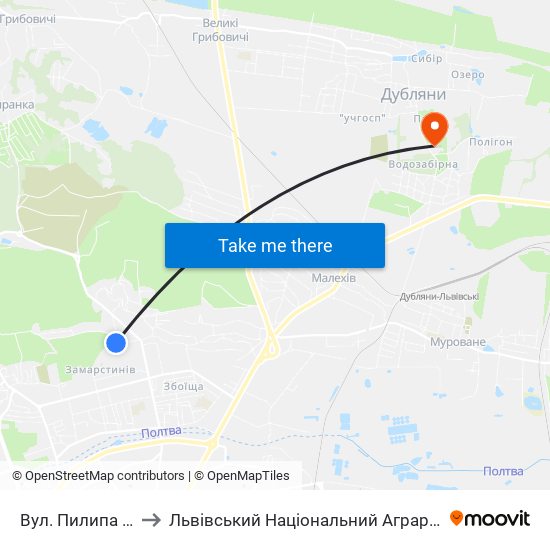 Вул. Пилипа Орлика to Львівський Національний Аграрний Університет map