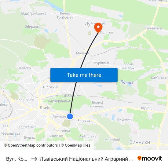 Вул. Котика to Львівський Національний Аграрний Університет map